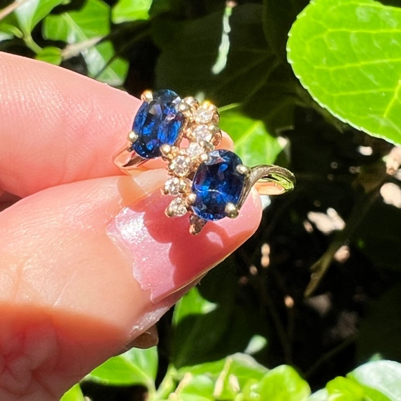 VINTAGE 14K GOLD BLUE SAPPHIRE DIAMOND TOI ET MOI RING ENGAGEMENT ANNIVERSARY - Picture 16 of 16